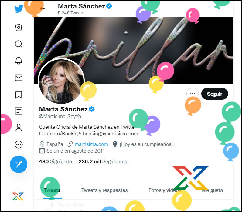 Perfil de Twitter de Marta Sánchez con globos por su cumpleaños
